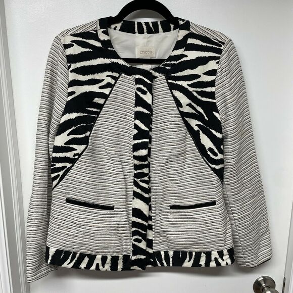 CHICOS Size 1 Black White Zebra Snap Button Cotton Linen Jacket Mixed Media - Picture 1 of 7